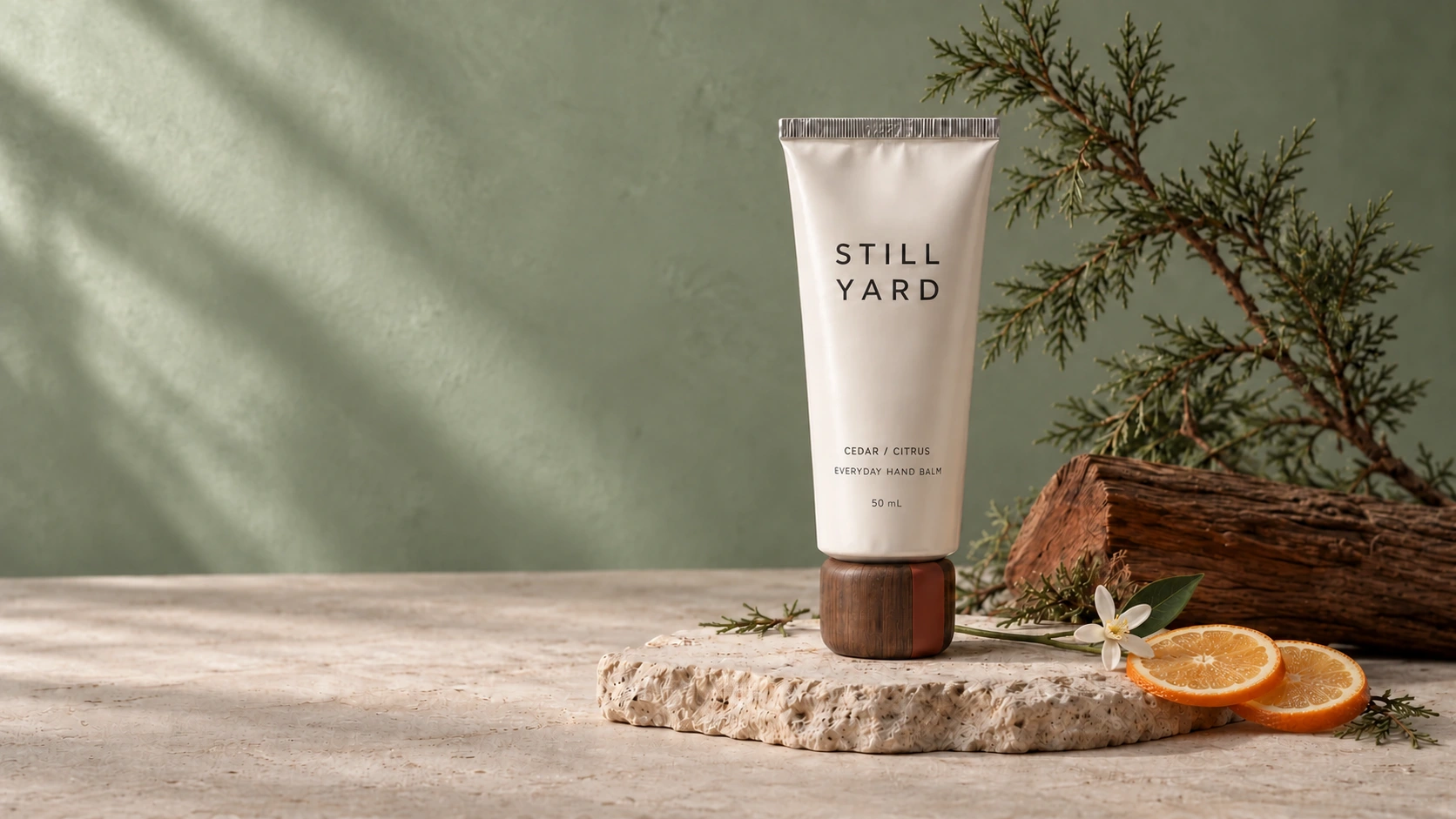 Still Yard Cedar / Citrus hand balm with a walnut cap, arranged with its botanical ingredients on pale stone